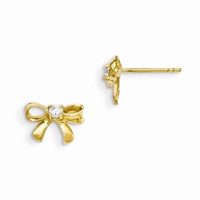 Bow Earrings with Round Brilliant Diamond Essence, 0.12 Cts. T.W. set in 14k Solid Yellow Gold, Perfect gift for little Princesses.