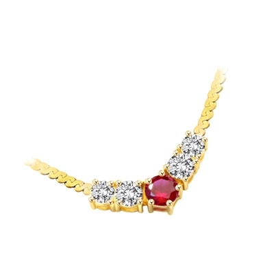 Celebration Necklace- Four round diamond essence stones and Ruby in the middle captured on a 16" necklace.1.5 Cts. T.W. set in 14K Solid Yellow Gold.