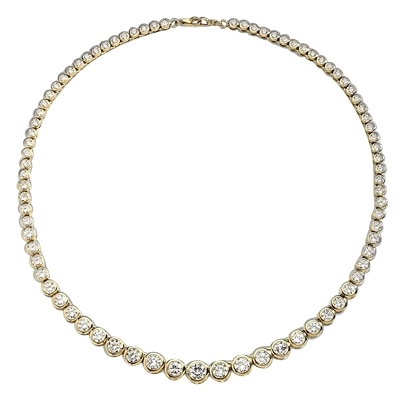 16" long Diamond Essence Designer Necklace with Bezel set, graduating Round Brilliant Diamond Essence, appx 26.0 cts.T.W. set in 14K Solid Yellow Gold.