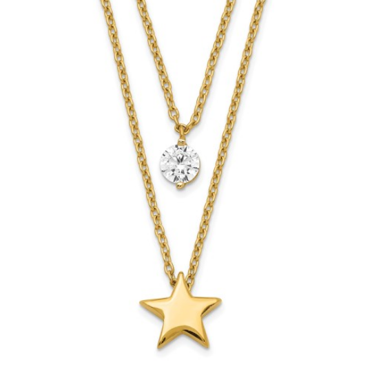 Two Strand Necklace. Beautiful delicate and stylish, this 14k yellow gold necklace is with a gold star and 0.5 ct.round brilliant diamond essence stone in prong setting