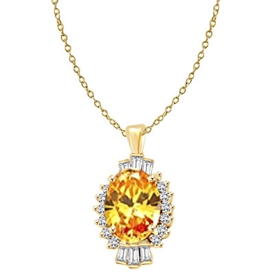 Diamond Essence Pendant in Gold Vermeil with 10 cts. Oval Canary in center. Round Essence and Baguettes on either side, set in prong settings, makes it a designer wear. 13.0 cts.t.w.