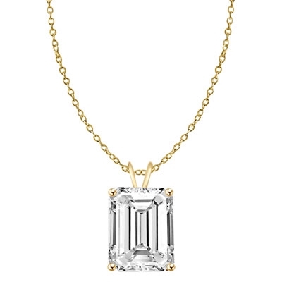 Diamond Essence Emerald cut stone, 1.0 carat, set in 14k Solid Yellow Gold. Chain not included.