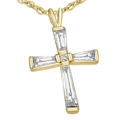 14K Solid Gold cross with baguettes, 1 ct.tw. 3/4" long.