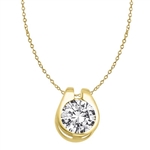 Diamond Essence 2.0 Cts. Round Brilliant Stone set in shell-like bezel setting of 14K Solid Gold, makes a delicate Slide Pendant.
Approx size of Pendant is 12.5 mm Length and 10 mm Width.
Free Vermeil Chain Included.