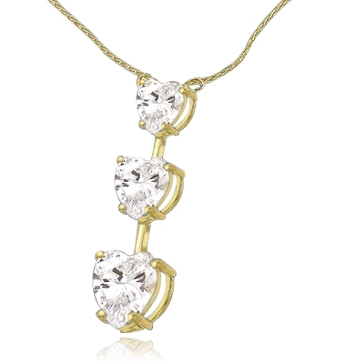 Diamond Essence Heart cut stones, in graduating size, 1-1/2" long pendant. 3.5 cts.t.w. in 14K Solid Yellow Gold. (vermeil Chain included).