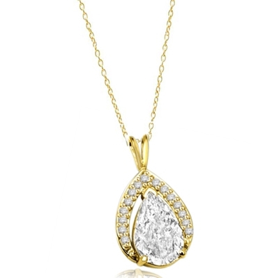 Amazingly designed Pendant with 3.50 Cts. Pear Cut Center and Melee, 4.0 Cts. T.W. in 14K Solid Gold.
Free Silver Chain Included.