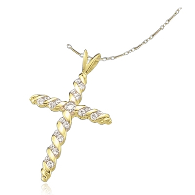 Diamond Essence round stones set in spiral gold twists to make this beautiful cross pendant. 0.30 ct.t.w. in 14K Solid Gold.