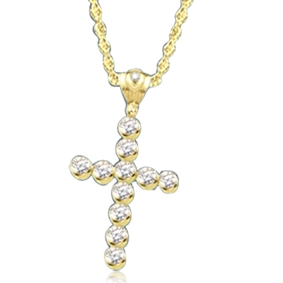 Show your spirit with a heavy, solid cross pendant made with Round Diamond Essence stones 1.5 Cts. each Delightfully Dazzling 2-1/4"H and 1-3/4"W. In 14k Solid Yellow Gold. Chain Not Included.