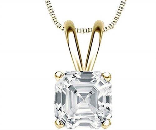 One carat Asscher Cut Diamond Essence stone set in 14K Solid Gold four prongs.  Choice of 2,3 and 4 carat available.