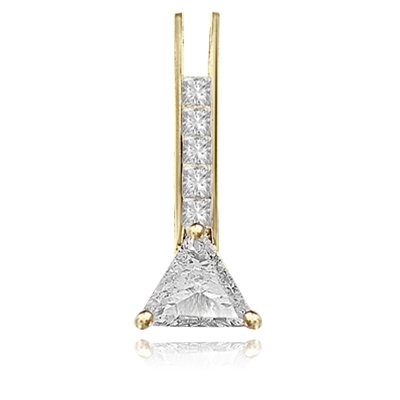 Diamond Essence princess cut melee set between two bars and two carat Trilliant cut Diamond Essence at the bottom makes a elegant pendant for daily wear. 3 cts.t.w. in 14K Solid Yellow Gold.