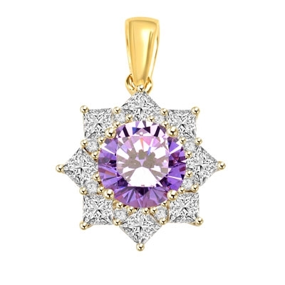 Pendant with 3.50 Cts. Round Lavender Essence in center surrounded by Princess Cut Diamond Essence and Melee. 6.50 Cts. T.W. set in 14K Solid Yellow Gold.