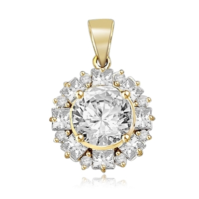 Designer Pendant with 4.0 Cts Round Brilliant Diamond Essence in center surrounded by alternately set in Princess and Melee. 7.25 Cts T.W. in 14K Solid Yellow Gold.
Free Vermeil Chain Included.