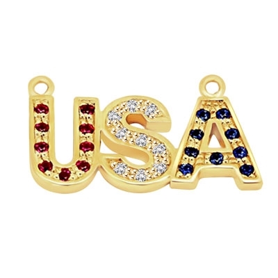 Let the patriotism show this season. Diamond Essence Pendant with Round Ruby, Sapphire and Brilliant Stones, In 14k Solid Yellow Gold with Chain.