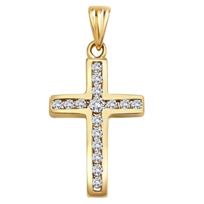 Diamond Essence Cross Pendant with Tension Set Round Brilliant Melee , 0.30 Ct.T.W. in 14K Solid Yellow Gold.