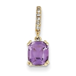 14k Yellow Gold Diamond Essence Solitaire Pendant With French Cut Rectangular Shape Amethyst Cushion Stone Set In 8 Prongs Decorated By Delicate Round Brilliant Melee On The Bail, 1.50 Cts.T.W.