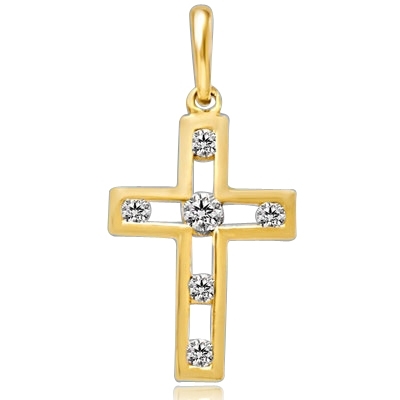 Children's Cross Pendant with channel set Round Brilliant Diamond Essence Melee set in 14k Solid Yellow Gold. 0.25 Ct. T.W.