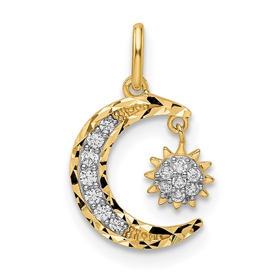 Prong Set Diamond Essence Round Melee in Diamond Cut Designer Moon & Star Pendant Set In 14K Yellow Gold
