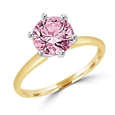 2 carat Pink Round Brilliant stone set in Two - Tone, 14K Solid Yellow Gold, a perfect solitaire ring.