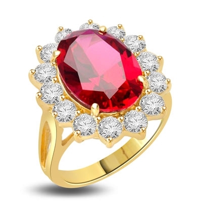 Princess Ring with 6.0 Cts. Oval cut Ruby Essence in center surrounded by 14 Round Brilliant Diamond Essence stones 6.5 Cts. T.W. set in 14K Solid Yellow Gold.