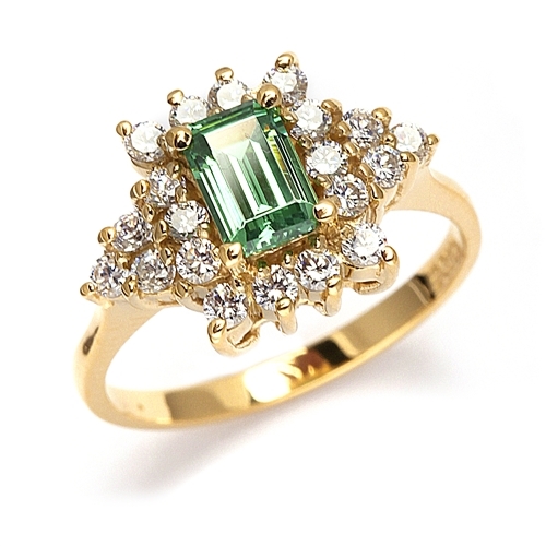 Green Eyes- Ring with Emerald Cut Emerald Essence in Center,and melee accents.set in 14K Solid Yellow Gold.