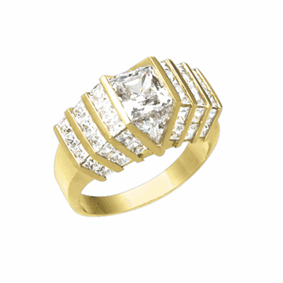 14K Solid Yellow Gold ring with 2.0 cts. center Octrillion stone flanked by beautiful jewels. Stones are cut to fit precisely together with no spaces between them for a stunning solid diamond look. A fraction of the $35,000 you would have to pay for a sim