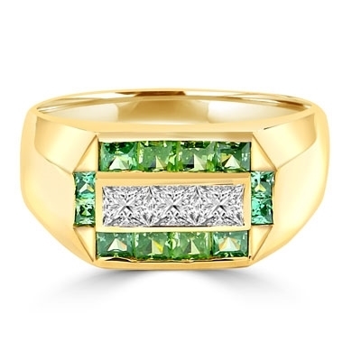 Man's Ring with 0.75 cts, Radiant Square Diamond Essence Center Stones surrounded by 1.0 cts. Princess Cut Emerald Essence, channel set in 14k Solid Yellow Gold.