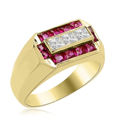Man's Ring with 0.75 cts, Radiant Square Diamond Essence Center Stones surrounded by 1.0 cts. Princess Cut Ruby Essence, channel set in 14k Solid Yellow Gold.