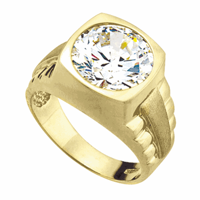 14K Solid Gold  Bezel set man's ring, 5.0 cts. t.w., with massive round cut centerpiece. Big stone, little "rock" for a big mover and shaker, wherever he's from.