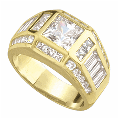14K Solid Yellow Gold  man's ring with 1.25 cts. radiant square center stone, baguettes and round stones accents, 5.75 cts.t.w.