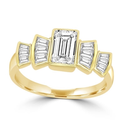 Helene - Beautiful Ring with 1.0 Ct. Emerald Cut Center accentuated with Baguette Masterpieces, 2.75 Cts. T.W, in 14K Solid Gold.