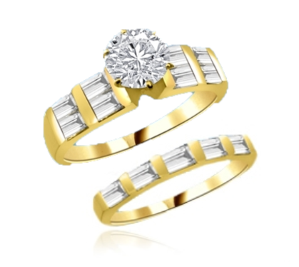 Aeneas and Dido - Brilliant Wedding Set, 2.8 Cts. T.W, 1.0 Ct. Solitaire and Sqaure Baguettes in Bar Setting, in 14K Solid Gold.