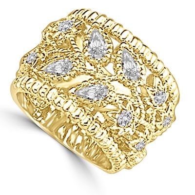 Ring – pear cut and round cut stone set in cut work fashion