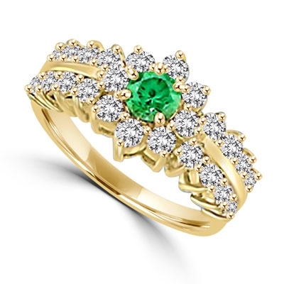 Greenpeace - 1.25 Carats Emerald Center is surrounded by supremely crafted masterpieces. In 14k Solid Yellow Gold.