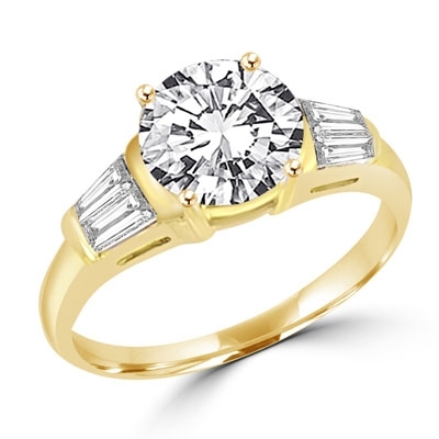 Majestic ring with 2.0 cts. round double cut center and baguettes tapered around both sides. 3.0 cts.t.w. in 14K Solid Gold.