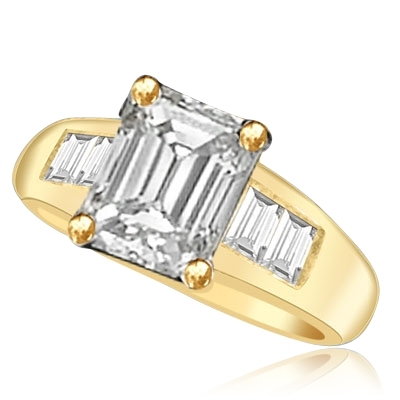 Prong Set Designer Ring with Simulated Emerald Cut Diamond and Brilliant Baguettes by Diamond Essence set in 14K Solid Yellow Gold