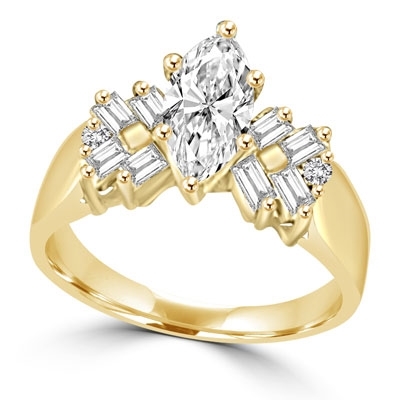 Glowing Ring with 1 Ct. Marquise Center and Baguette accents, 2 Cts. T.W, in 14K Solid Gold.