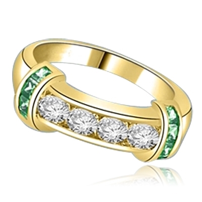 Brilliant channel-set Diamond Essence diamonds with a bar of Emerald Essence on either side. 1.35 cts. T.W. set in 14K Solid Yellow Gold.