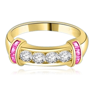 Brilliant channel-set Diamond Essence diamonds with a bar of Ruby Essence on either side. 1.35 cts. T.W.  set in 14K Solid Yellow Gold.