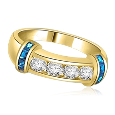 Brilliant channel-set Diamond Essence diamonds with a bar of Sapphire  Essence on either side. 1.35 cts. T.W. set in 14K Solid Yellow Gold.