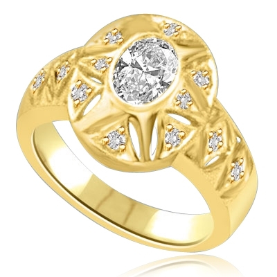 Victorian style 14K Solid Gold ring with 1.0 ct Oval Diamond Essence centerpiece reflected in a properly dazzling gold oval frame. 1.5 cts.t.w.