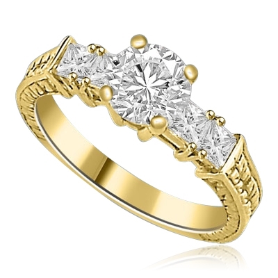 Round & princess cut stones in 14K Solid Yellow Gold ring