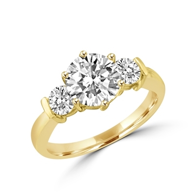 14K Solid Yellow Gold ring features a 2.0 ct. round cut Diamond Essence centerpiece rubbing elbows with two 0.3 round cut masterpices beside it. 2.6 cts. T.W. Breeding shows.