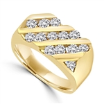 14K Solid Yellow Gold man's ring with round Diamond Joy stones, total 14, in three rows, 1.5 ct. t.w.