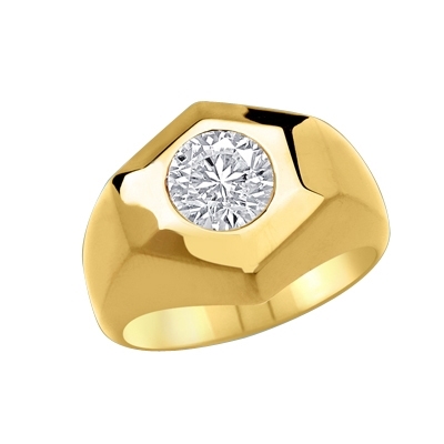 Classically Cut Man's Ring with an inviting 2.25Ct. Round Brilliant Cut Diamond Essence Masterpiece standing alone in equally awe inspiring setting. A great solo performance.In 14K Solid Yellow Gold.
