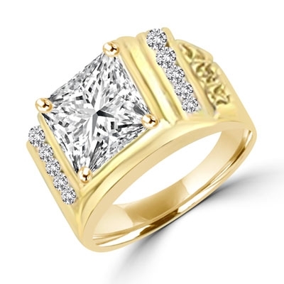 14K Solid Yellow Gold man’s ring with a massive 6.0 ct. Radiant Square cut Diamond Joy Masterpiece surrounded by a loyal group of flawless, diamond-bright Round cut team players. 6.5 cts. t.w. Projects the perfect aura for your dynamic man.