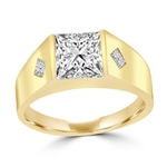 14K Solid Yellow Gold  man’s wide ring with a hefty channel-set 1.25 ct. Square cut masterpiece and twin satellites inlayed below in the wide gold band. 1.35 cts. t.w.