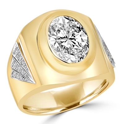 Man's classy wide bodied ring, two-tone 14K Solid Yellow Gold, with oval cut center stone, 6.15 cts.t.w..