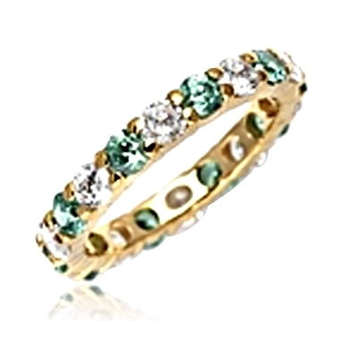 Eternal Flame Popular eternity band with alternating round cut Emerald Essence and Diamond Essence jewels. 2.0 cts.t.w. in 14K Solid Yellow Gold.