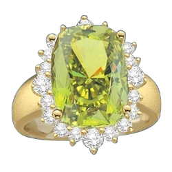 Ring with a oval cut 8.0 cts. Diamond Essence Peridot at the center, surrounded by round Diamond Essence stones, 9.0 cts.T.W. set in 14K Solid Yellow Gold.
