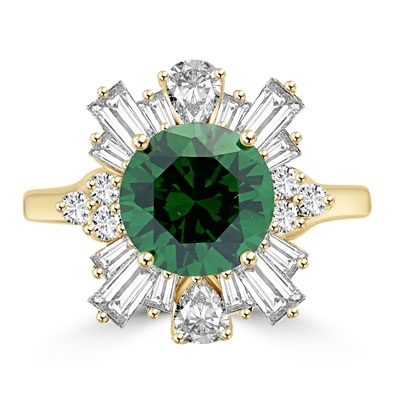 ring with emerald diamond and petal baguettes and teardrop masterpieces